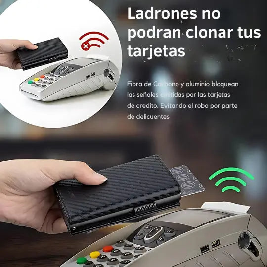 Billetera Deluxe Cuero y Fibra de Carbono Antirrobo